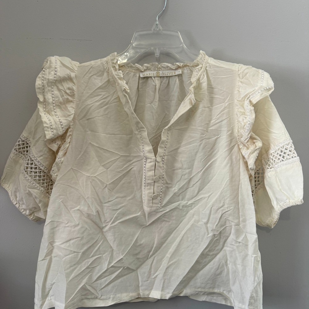 Marie Oliver Blouse Womens Small Ivory Lace-Inset Ruffle Collar Short Sleeve Top